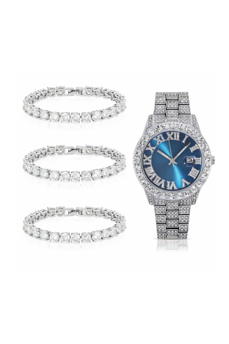 Silver Blue Face Watch & Classic Ice Ice Baby Bracelets