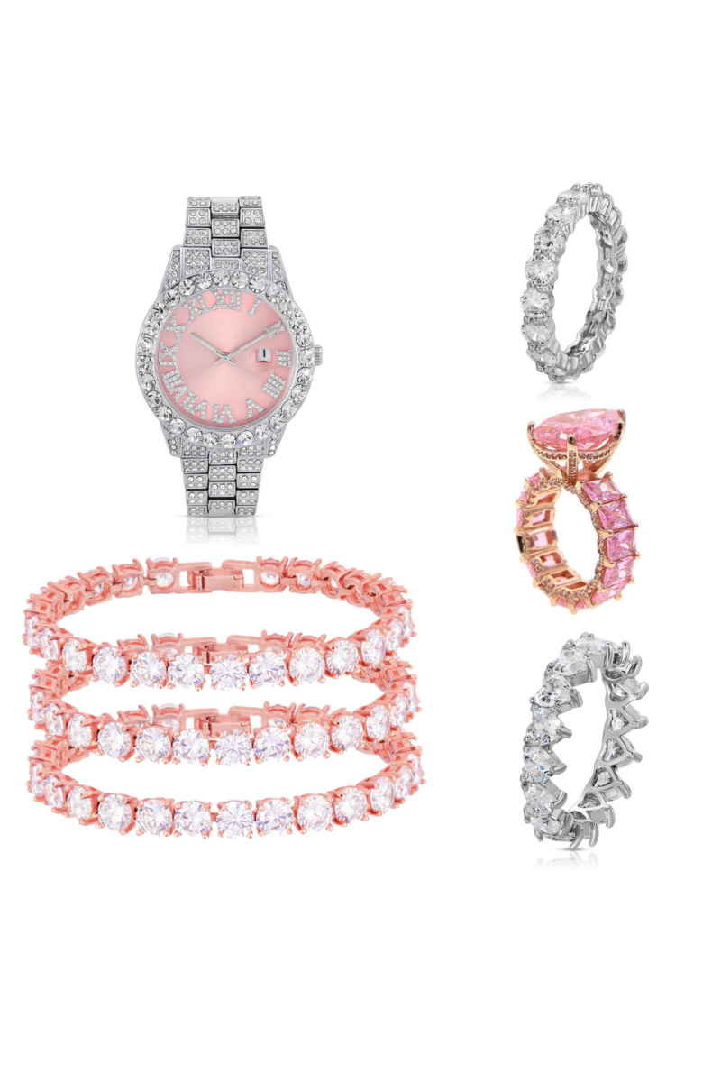 Silver Pink Face Watch & Classic Ice Ice Baby Bracelets