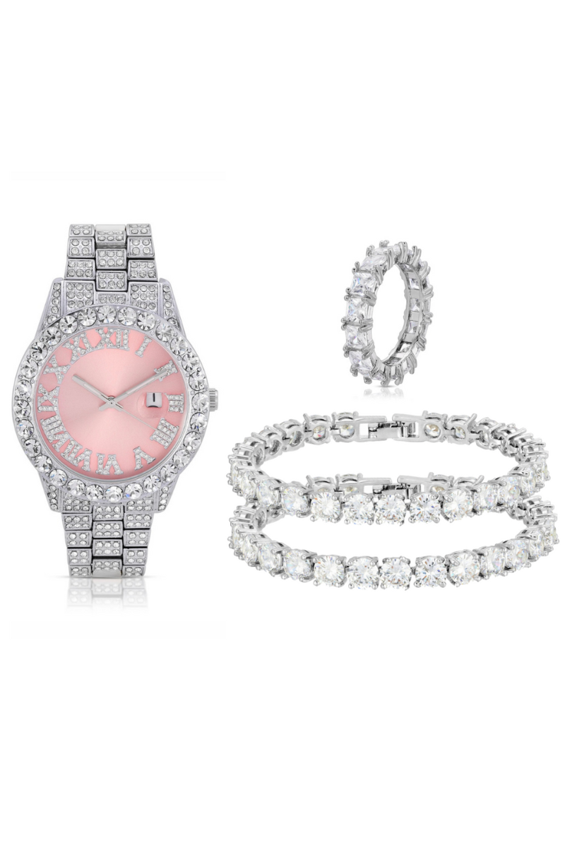 Sweet Silver Pink Watch & Silver Diamond Set