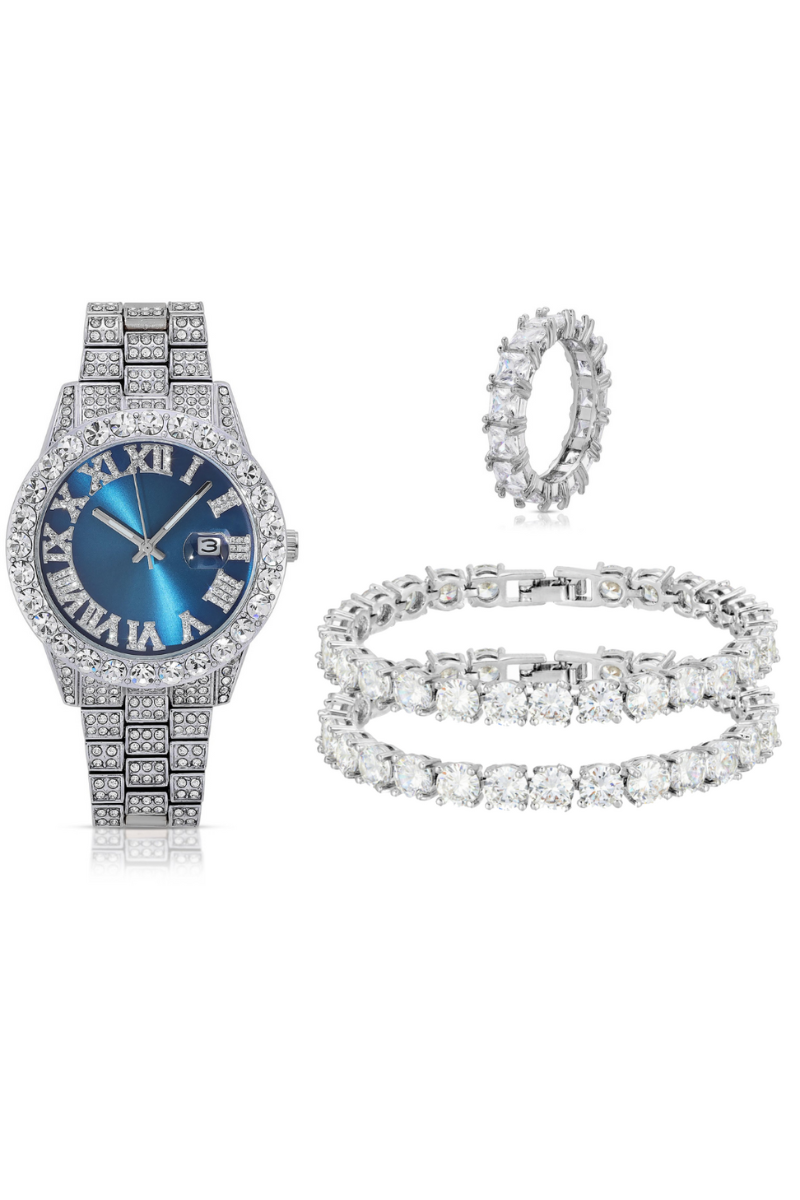 Sweet Silver Blue Watch & Silver Diamond Set