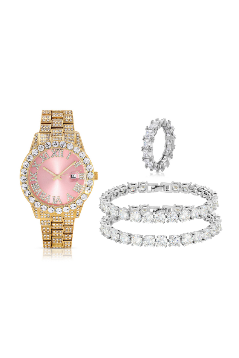 Sweet Silver Gold Watch & Silver Diamond Set