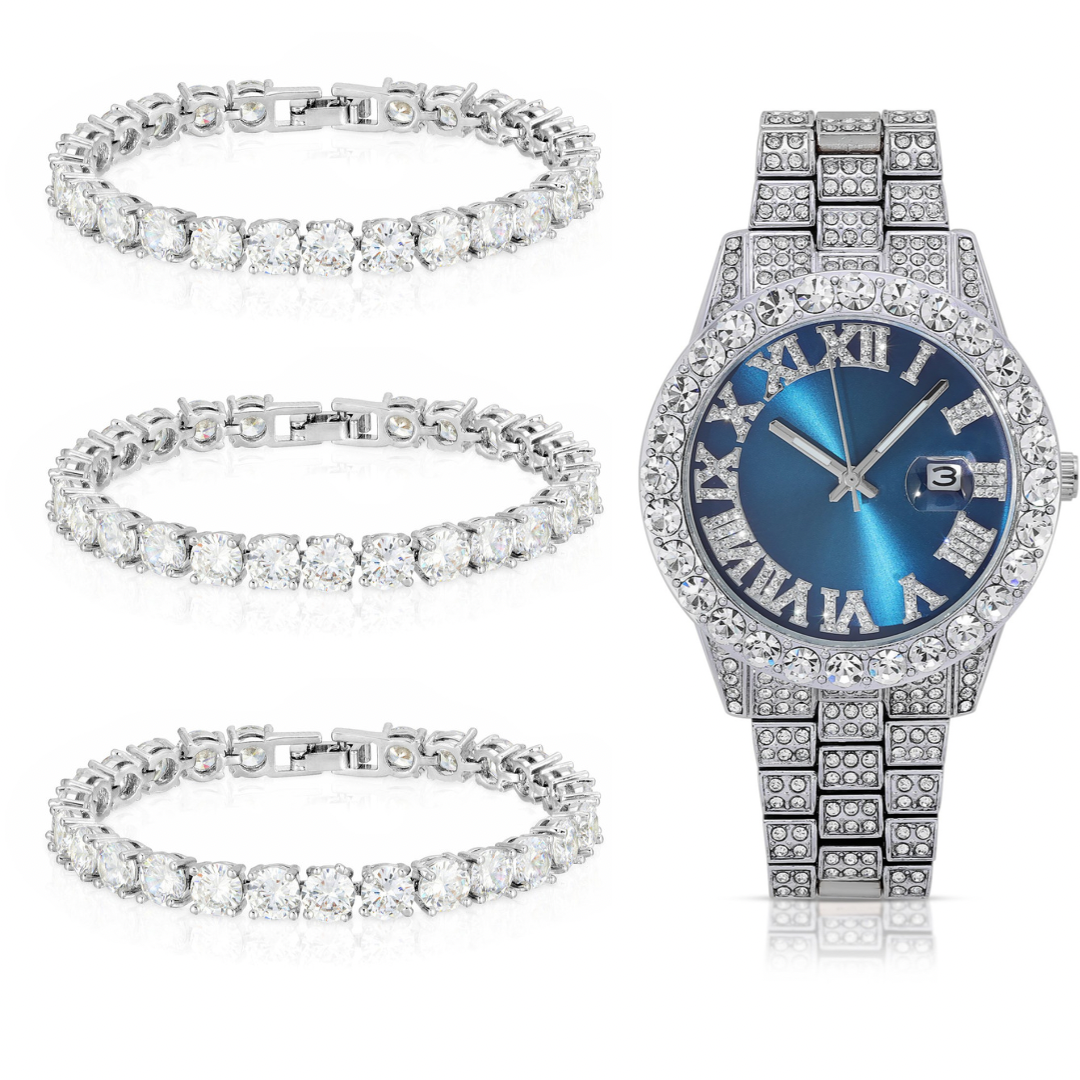 Silver Blue Face Watch & Classic Ice Ice Baby Bracelets