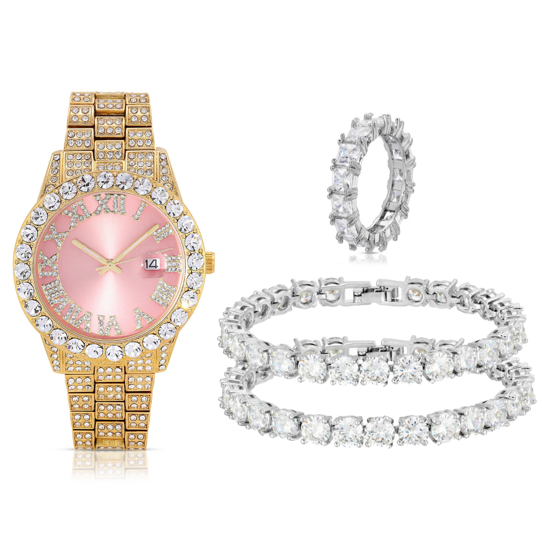 Sweet Silver Gold Watch & Silver Diamond Set