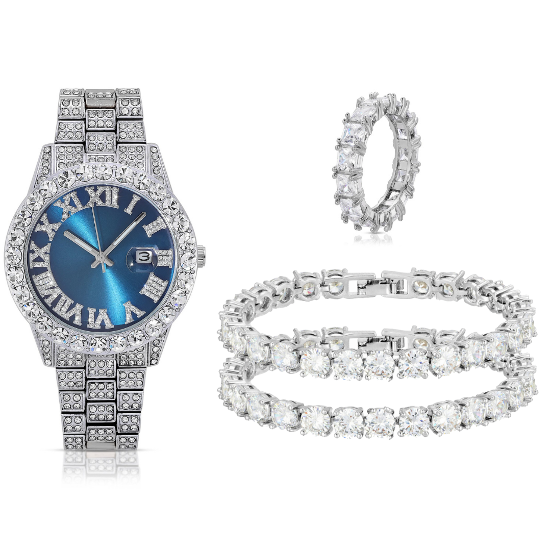Sweet Silver Blue Watch & Silver Diamond Set