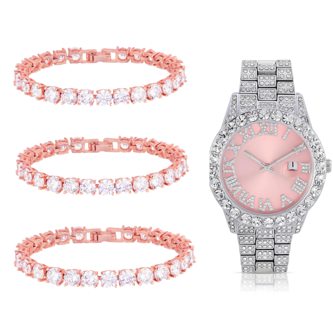 Silver Pink Face Watch & Pink Ice Ice Baby Bracelets