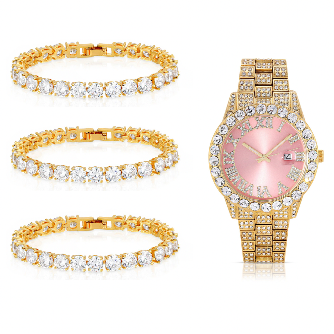 Gold Pink Face Watch & Gold Ice Ice Baby Bracelets
