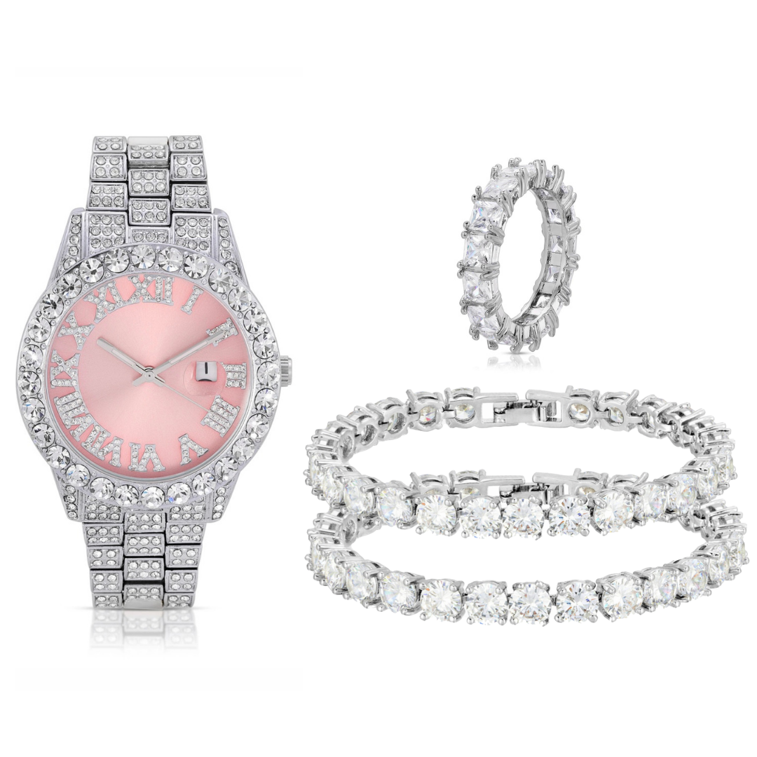 Sweet Silver Pink Watch & Silver Diamond Set