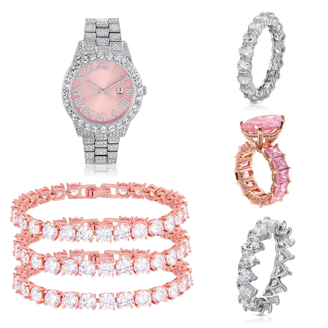 Silver Pink Face Watch & Classic Ice Ice Baby Bracelets